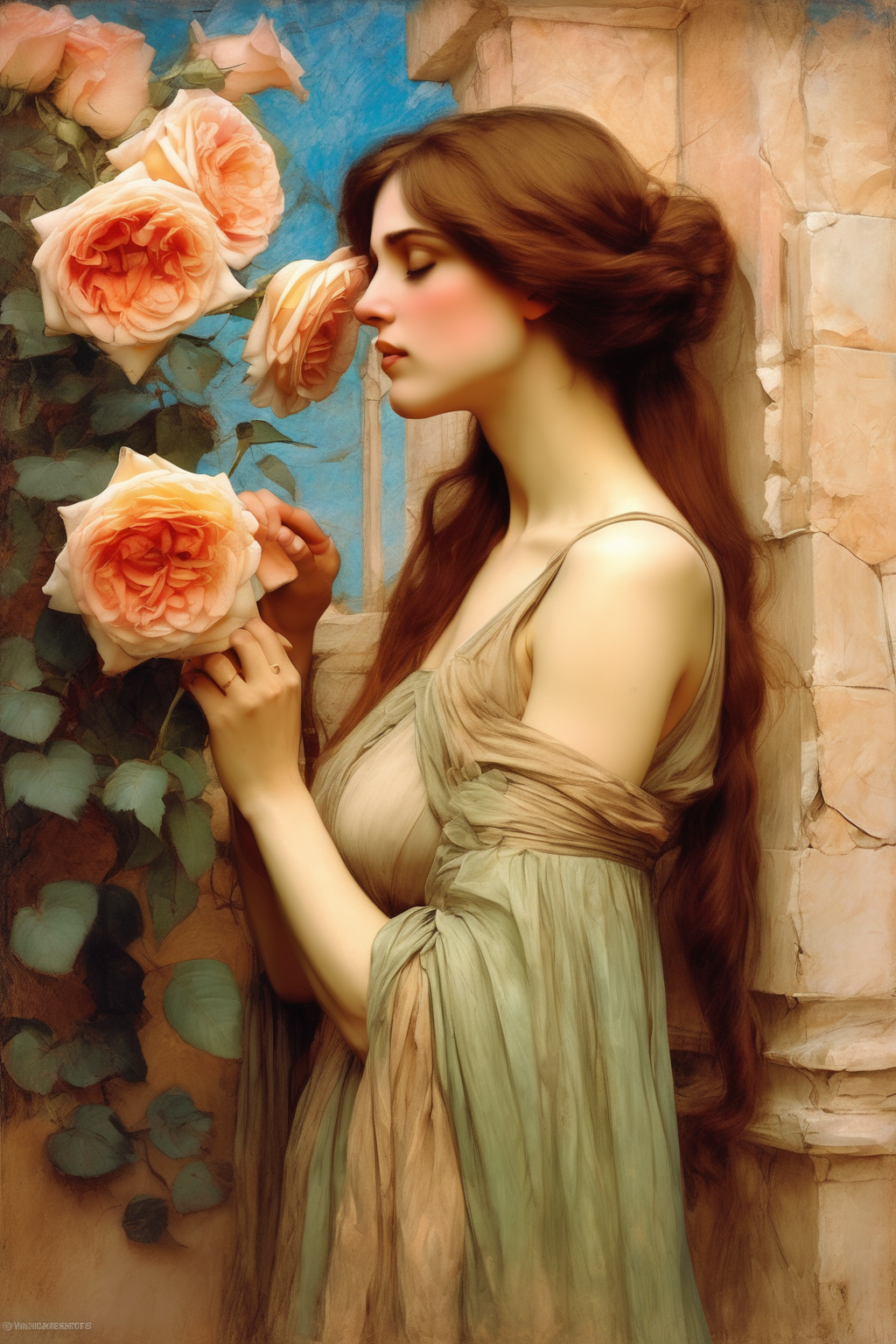 00457-1338884823-John William Waterhouse Style - a beautiful woman smelling roses by the stucco wall, in the style of luminism and John William W.png